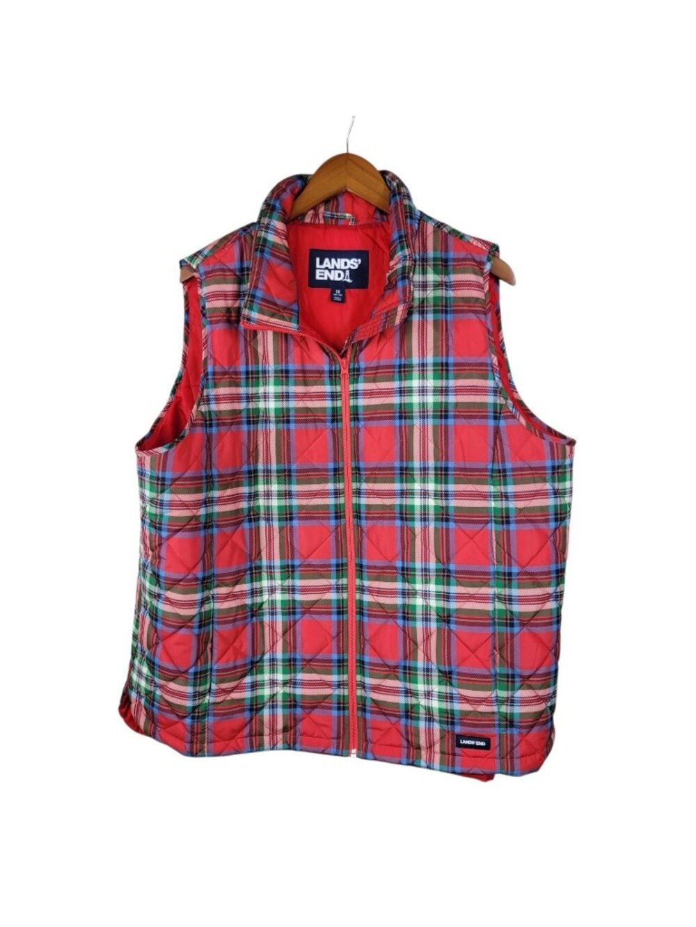 Lands End Puffer Vest Plus 1X Sleeveless Full Zip Up Plaid Red Green Pockets